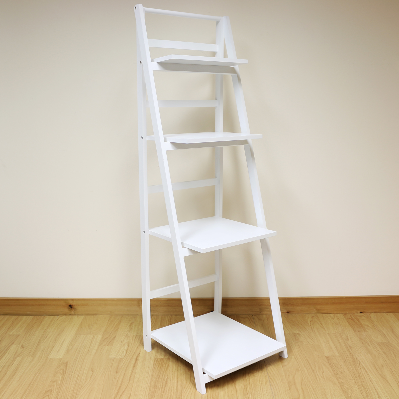 White 4 Tier Wooden Ladder Shelf Display Unit & Natural Wicker Storage